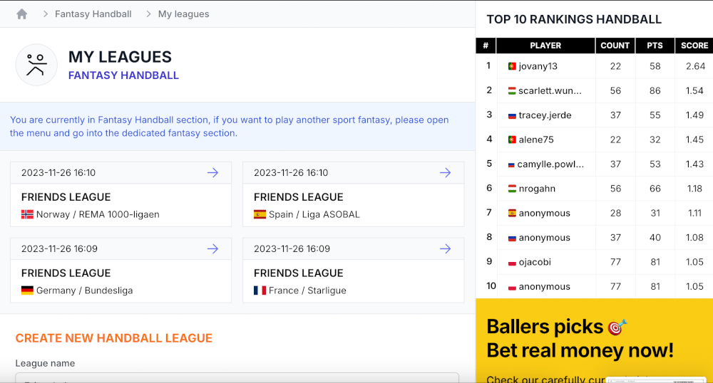 Fantasy betting Handball