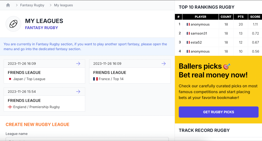 Fantasy betting Rugby