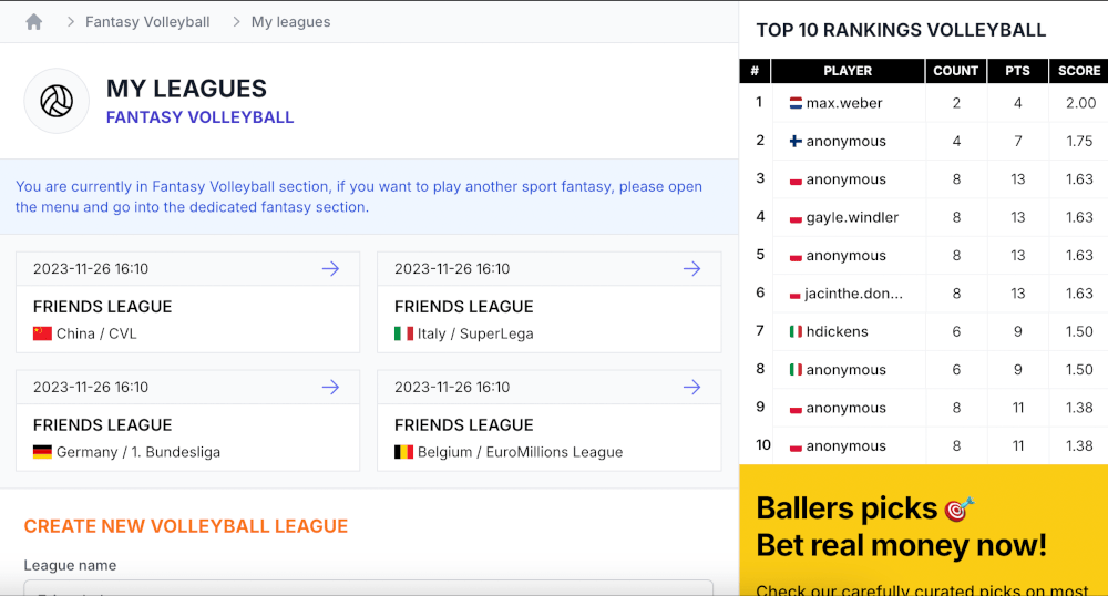 Fantasy betting Volleyball